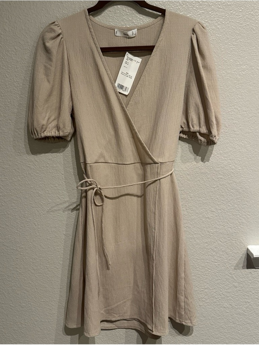 Mango Beige Wrap Mini Dress with Puff Sleeves